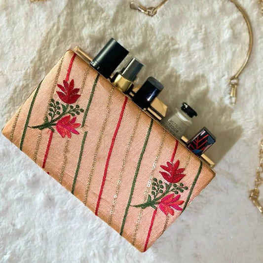 Peach Embroidery Box Clutch